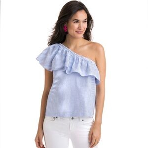 Vineyard Vines Womens One Shoulder Blouse Blue White Stripe Lined Ruffle 2